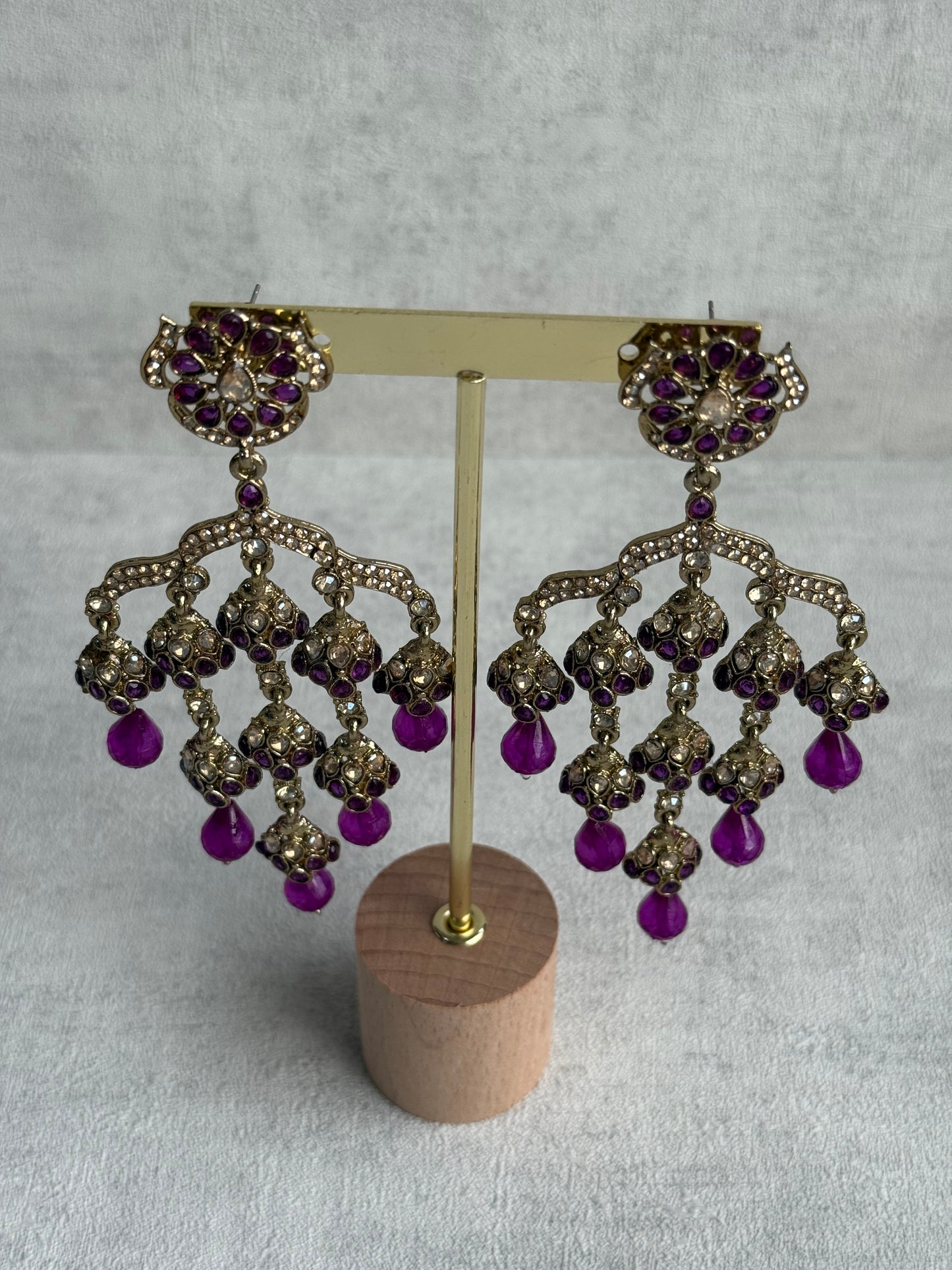 Ayura Designs Jasmine Earrings – Chandelier Earrings with Berry Purple Beads & Antique Gold Finish