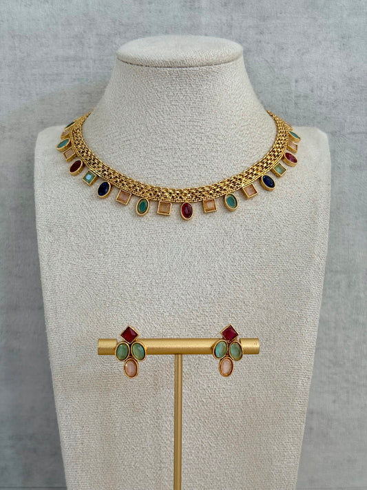 Ayura Designs Bhawani Set with Necklace & Stud Earrings – Multicolour Stone Charms in Antique Gold Finish