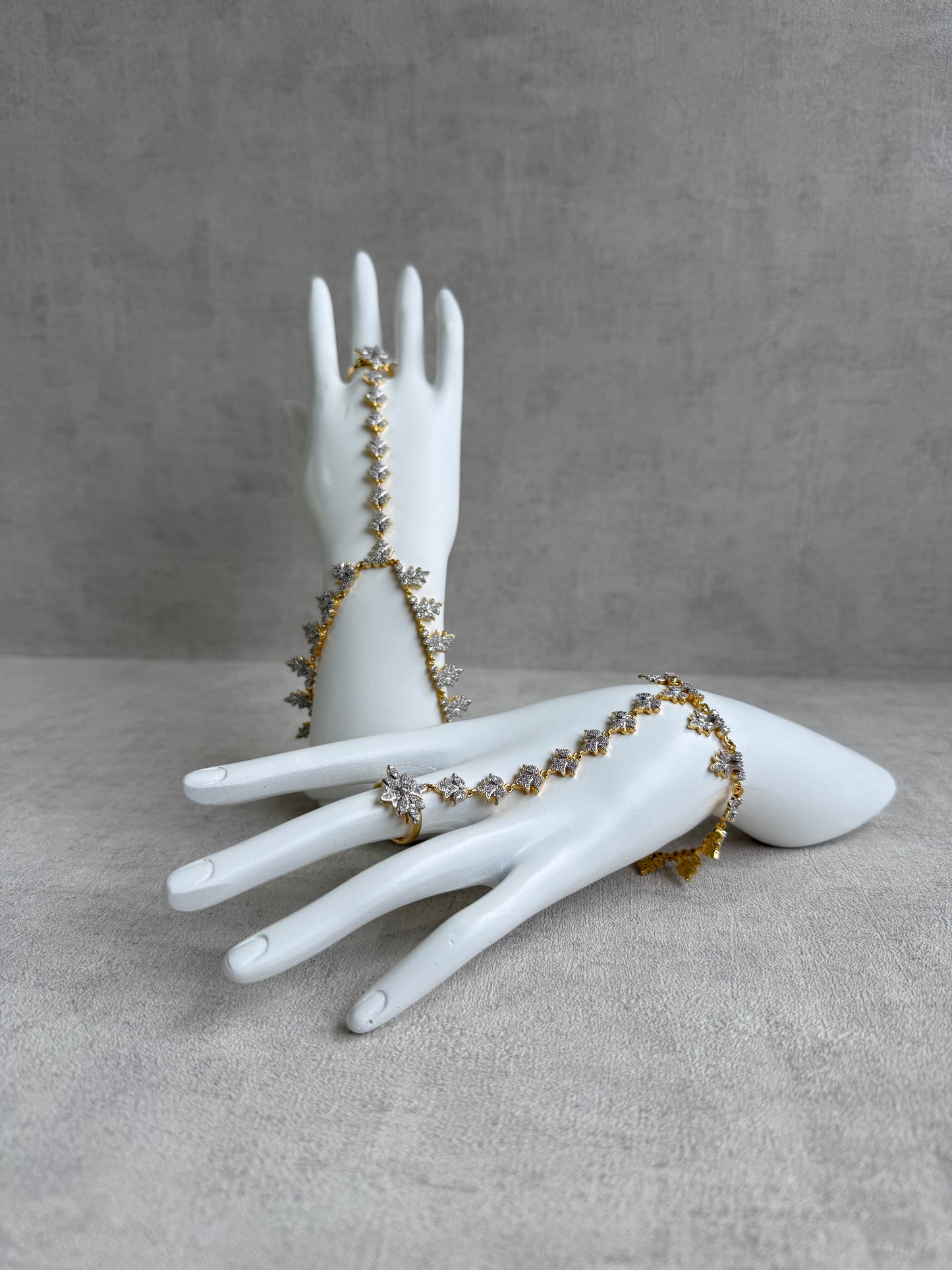 Ayura Designs Aagya Haathphool – Set of 2 Gold & Silver Ring-Bracelet Chains with Floral Diamond-Cut Detailing