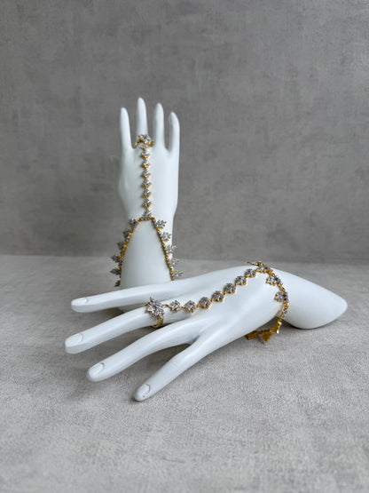 Ayura Designs Aagya Haathphool – Set of 2 Gold & Silver Ring-Bracelet Chains with Floral Diamond-Cut Detailing