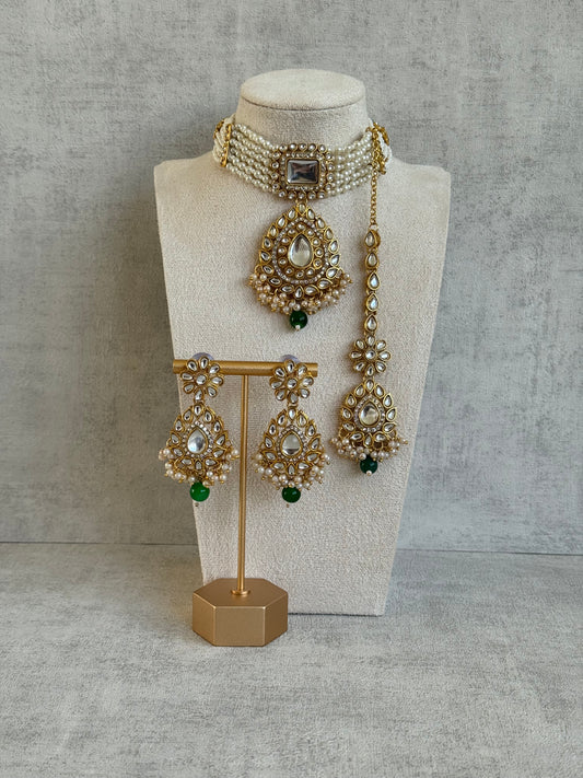 Ayura Designs Nargis Choker Set with Tikka & Earrings – Emerald Green Stones, Mirror-Cut Kundan & Pearl Detailing