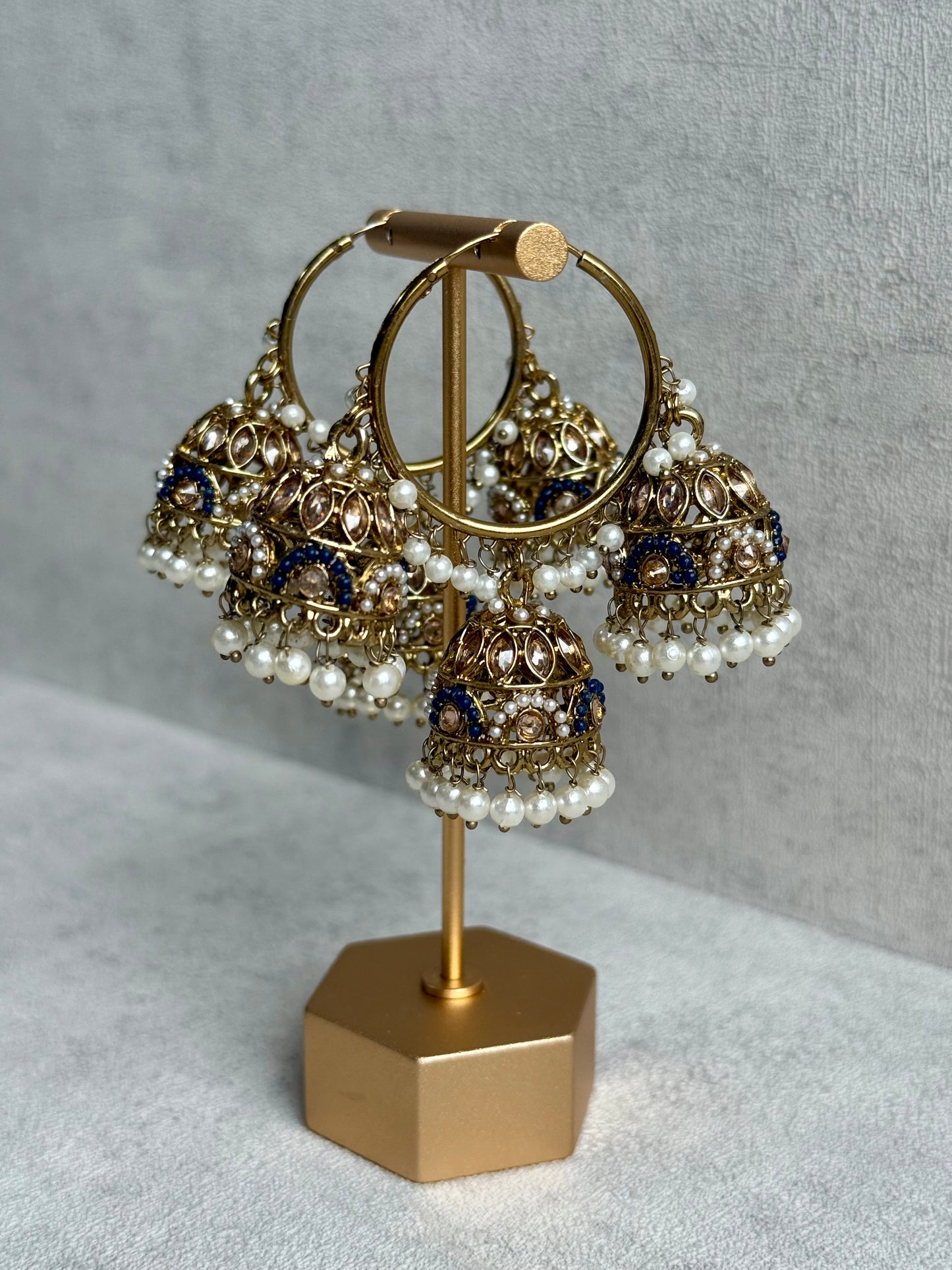 Ayura Designs Nakhra Balis – Blue Triple Dome Earrings with Pearl Clusters & Mirror-Cut Detailing