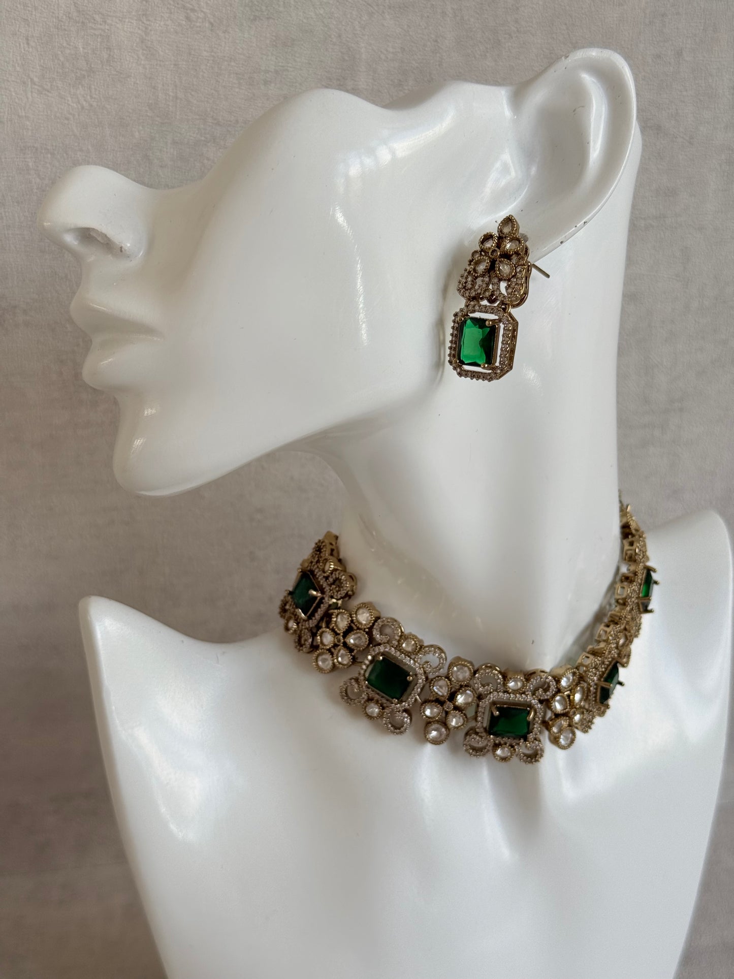 Ayura Designs Celine Set with Earrings – Moissanite Emerald Green Statement Set