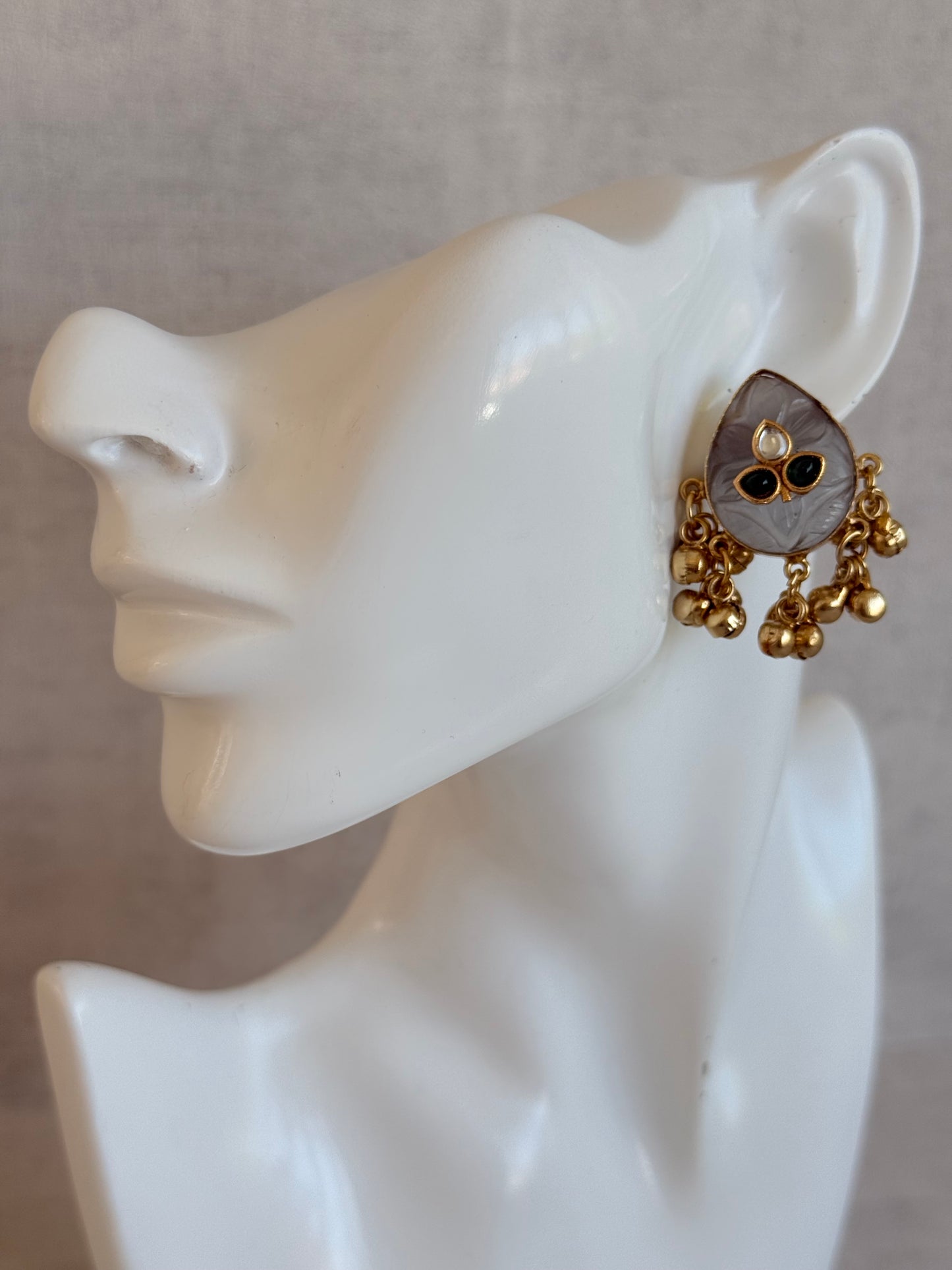Ayura Designs Aykai Earrings – Grey Carved Teardrop Stud Earrings with Clear Kundan Stones and Gold Ghungroo Drops