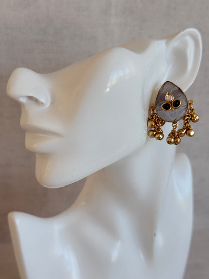 Ayura Designs Aykai Earrings – Grey Carved Teardrop Stud Earrings with Clear Kundan Stones and Gold Ghungroo Drops