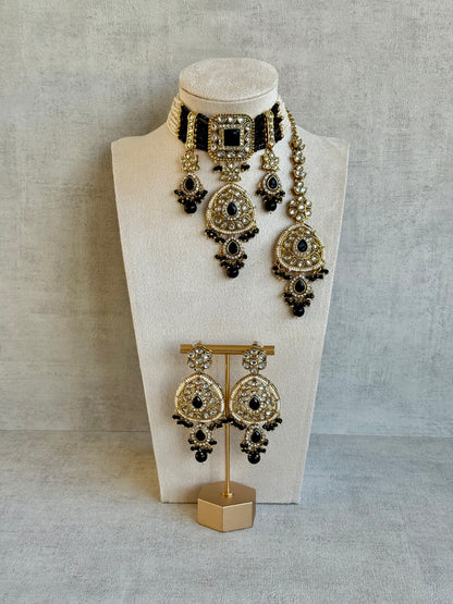 Ayura Designs Zarmeen Choker Set with Earrings & Tikka – Mirror-Cut Stones, Antique Gold Finish and Black Beads
