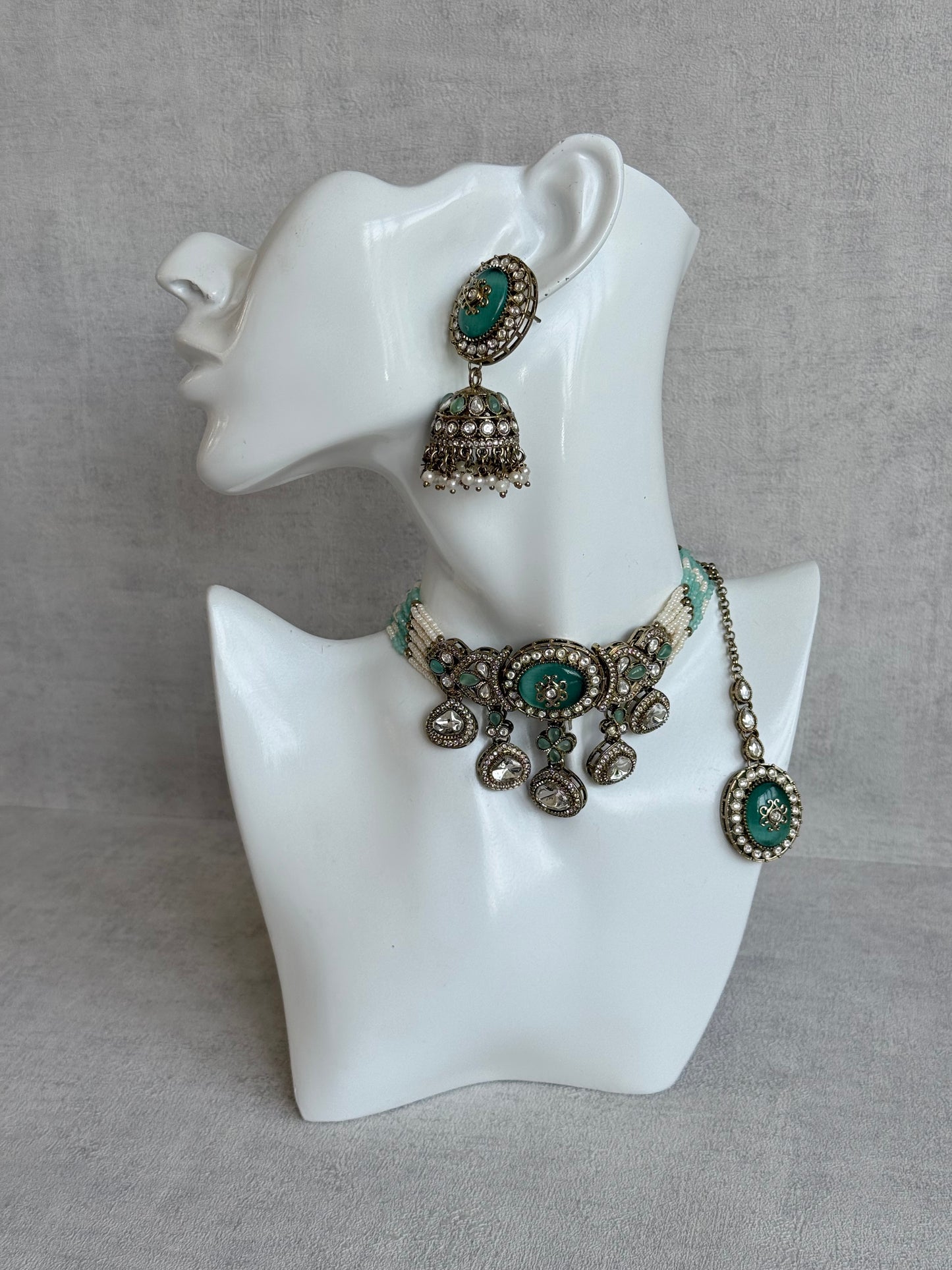 Ayura Designs Myra Choker Set with Jhumkis & Tikka – Mint Green Kundan & Pearl Detailing