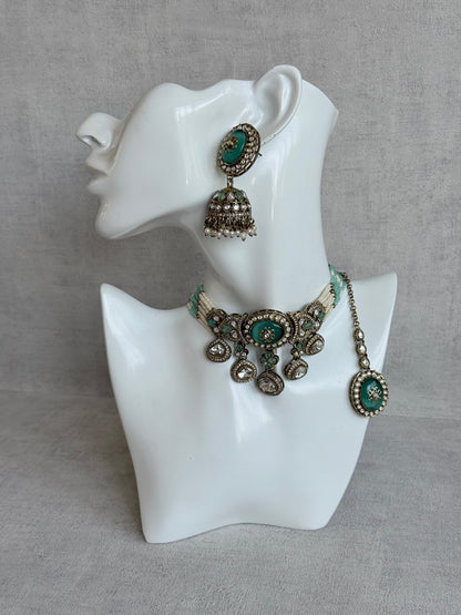 Ayura Designs Myra Choker Set with Jhumkis & Tikka – Mint Green Kundan & Pearl Detailing