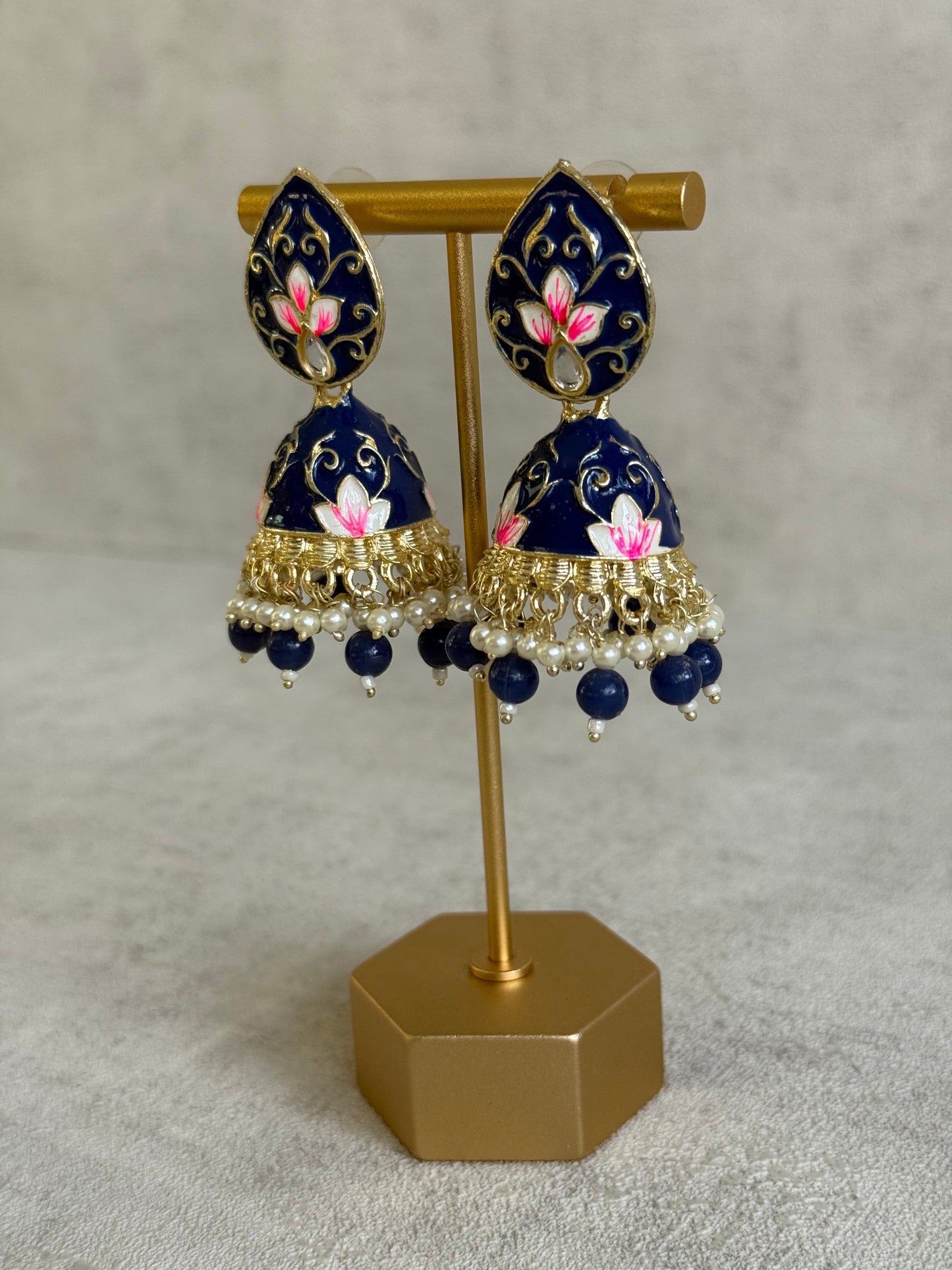 Ayura Designs Gia Jhumkis – Midnight Blue Meenakari with Pink Lotus Motifs & Ivory Pearl Drops