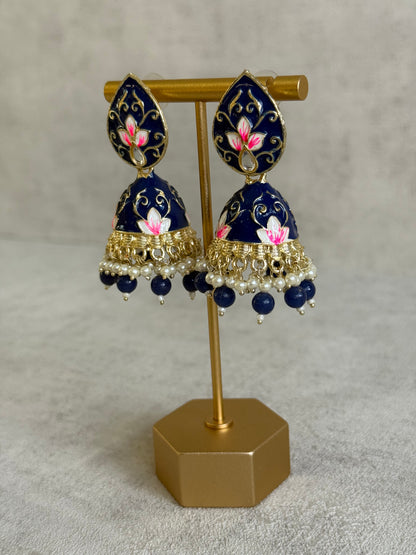 Ayura Designs Gia Jhumkis – Midnight Blue Meenakari with Pink Lotus Motifs & Ivory Pearl Drops