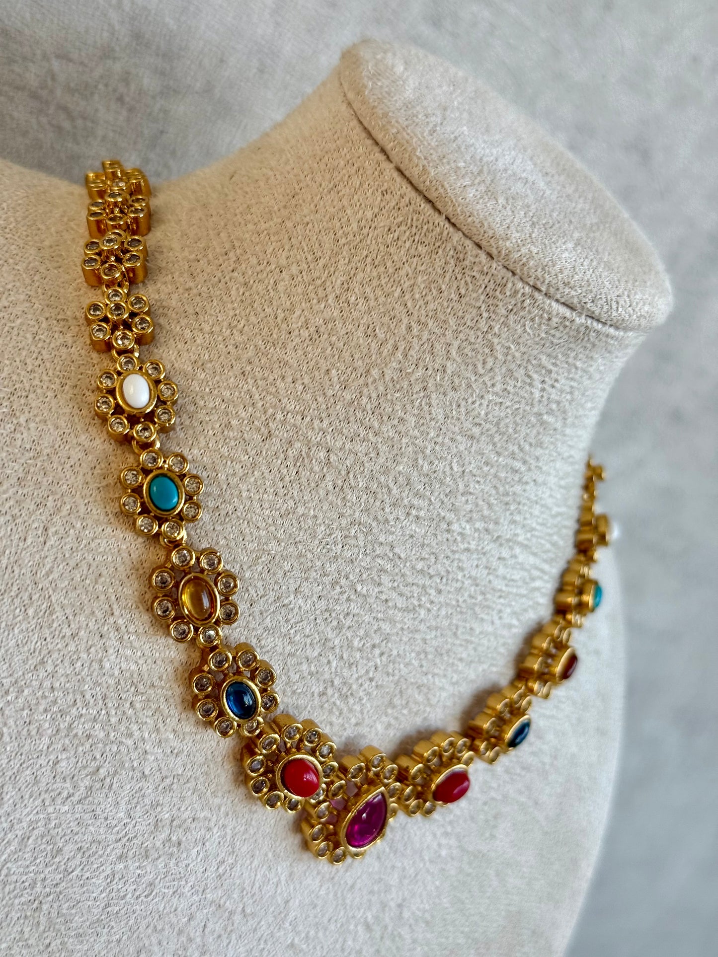 Ayura Designs Maanya Set with Earrings – Multicolour Stones with Rani Pink Centre & Crystal Detailing