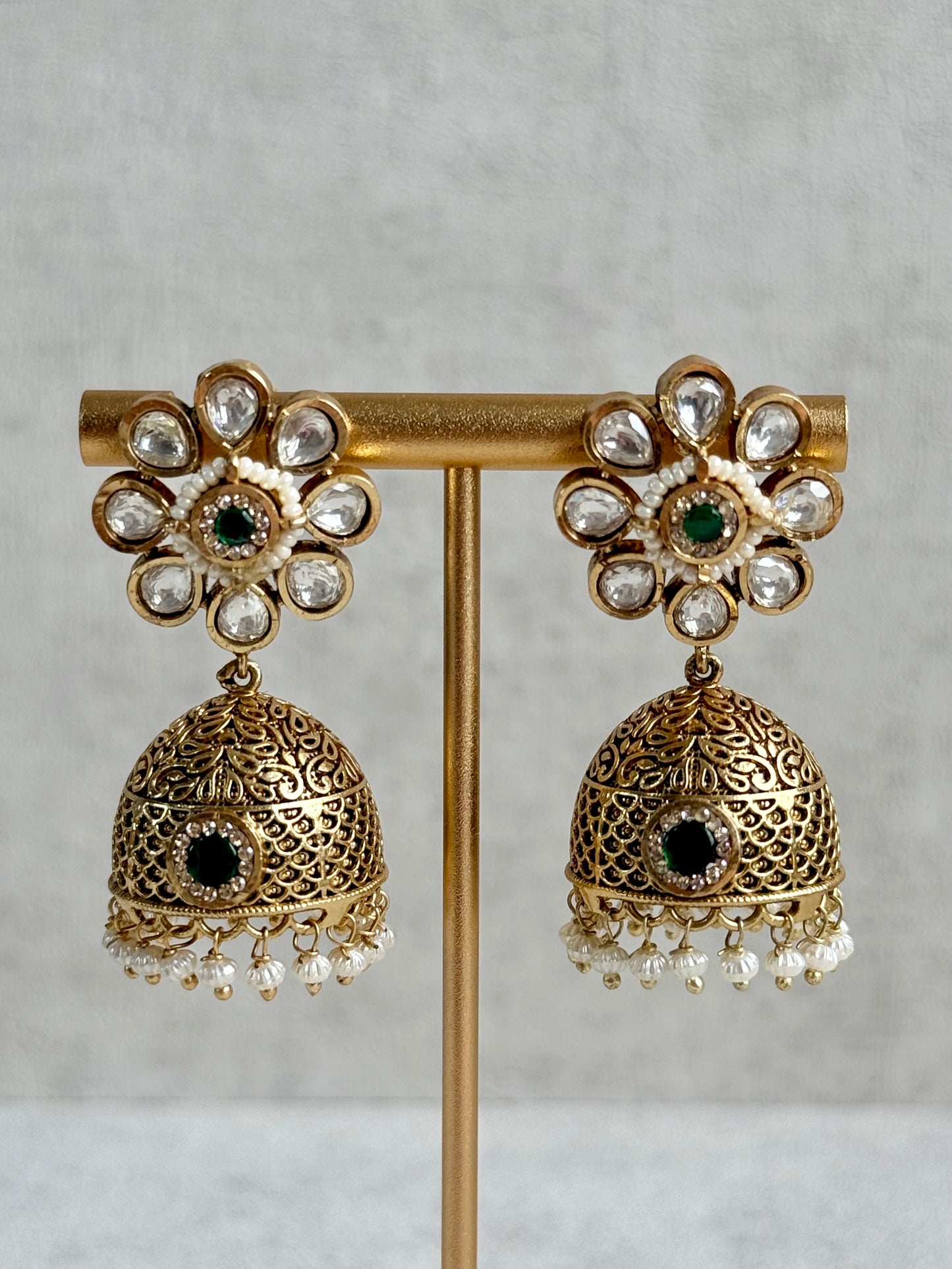 Ayura Designs Tanu Choker Set – Antique Gold Choker & Jhumkis with Ruby & Emerald Kundan and Pearl Borders