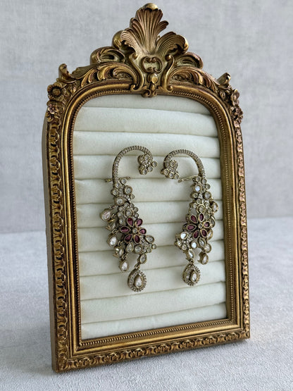 Ayura Designs Aksara Kaanphool Earrings – Rani Pink Stones, Kundan, Crystals & Antique Gold Finish
