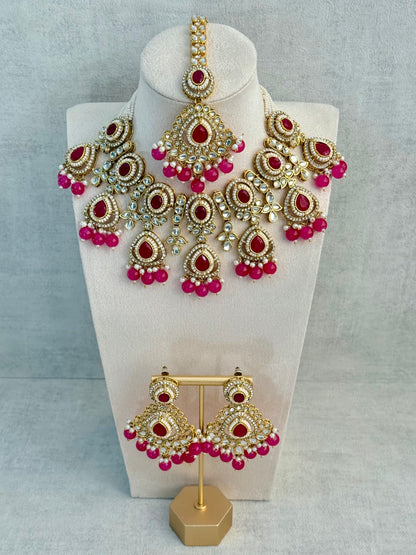 Ayura Designs Janvi Set with Necklace, Earrings & Tikka – Kundan Detailing, Hot Pink Beads & Ivory Pearl Drops