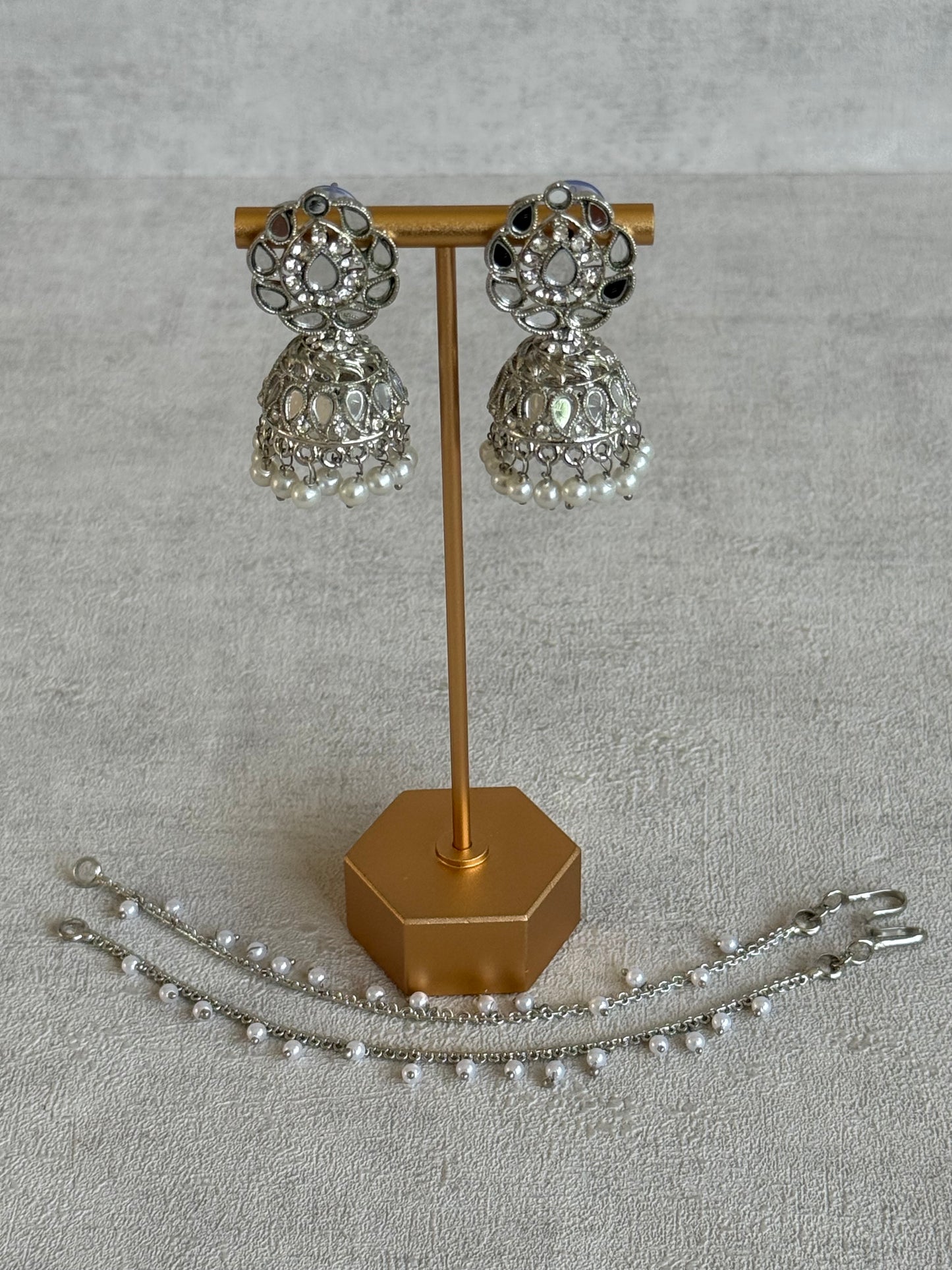 Ayura Designs Mira Jhumkis – Silver Mirror-Cut Earrings with Detachable Single-Layer Pearl Sahare