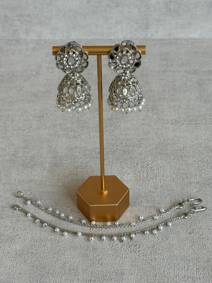 Ayura Designs Mira Jhumkis – Silver Mirror-Cut Earrings with Detachable Single-Layer Pearl Sahare