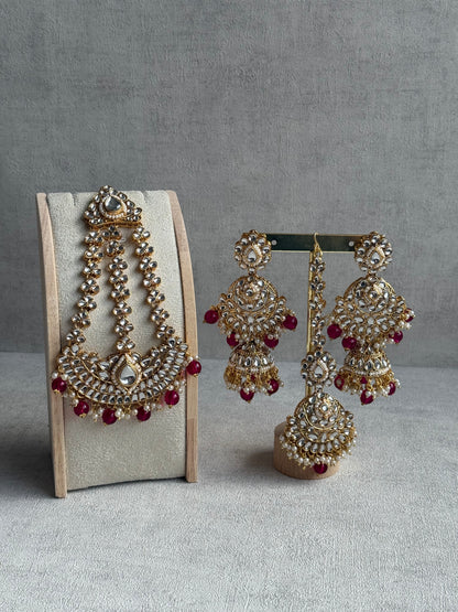 Ayura Designs Suhag Set – Bridal Necklace, Jhumkis & Tikka with Pink Beads, Pearl Detailing & Gold-Finish Kundan