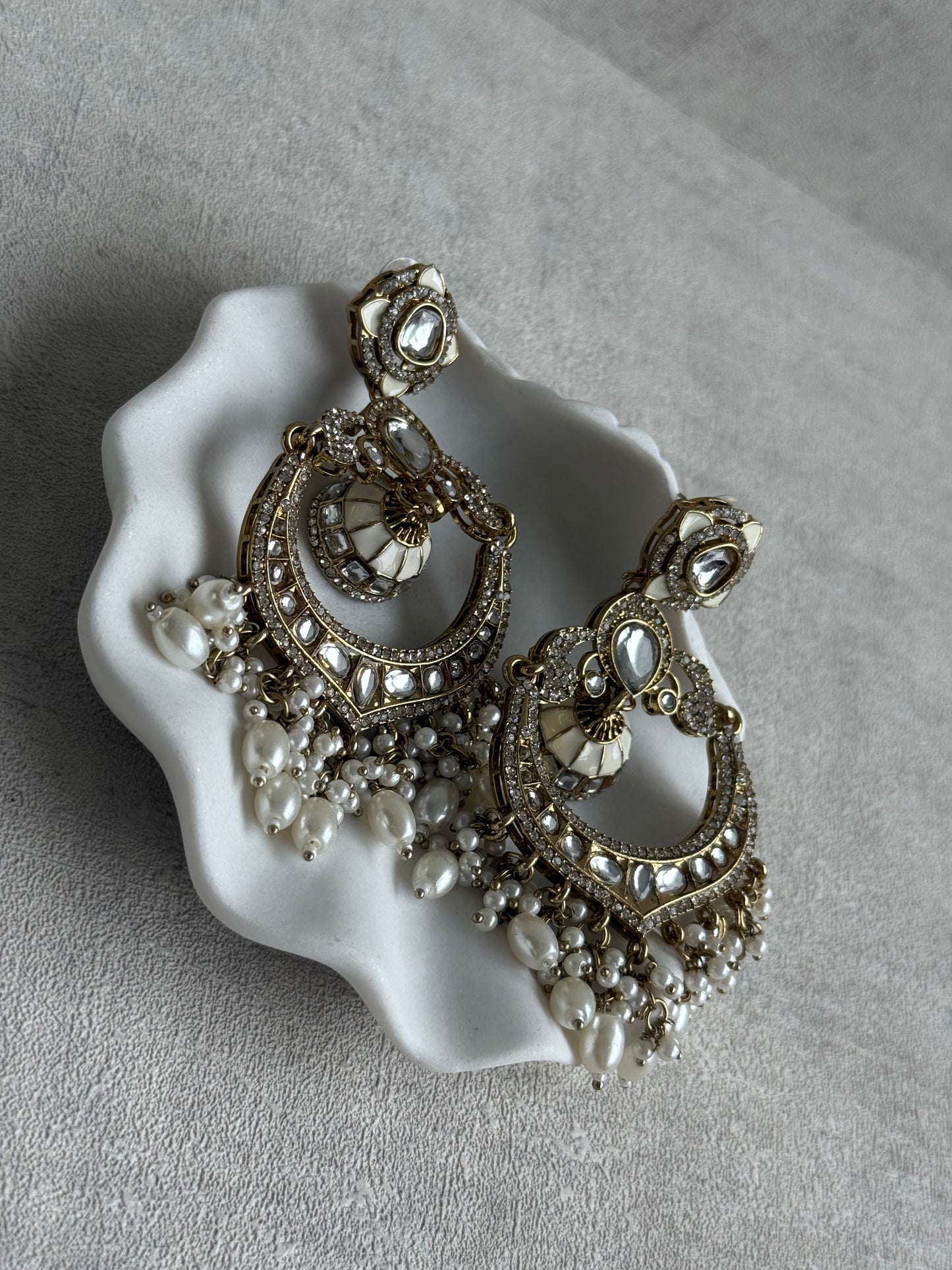 Ayura Designs Reha Earrings – Statement Chandbalis with Ivory Pearls & Mirror-Cut Stones