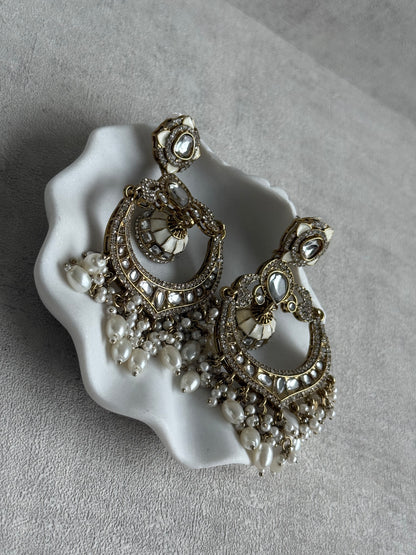 Ayura Designs Reha Earrings – Statement Chandbalis with Ivory Pearls & Mirror-Cut Stones