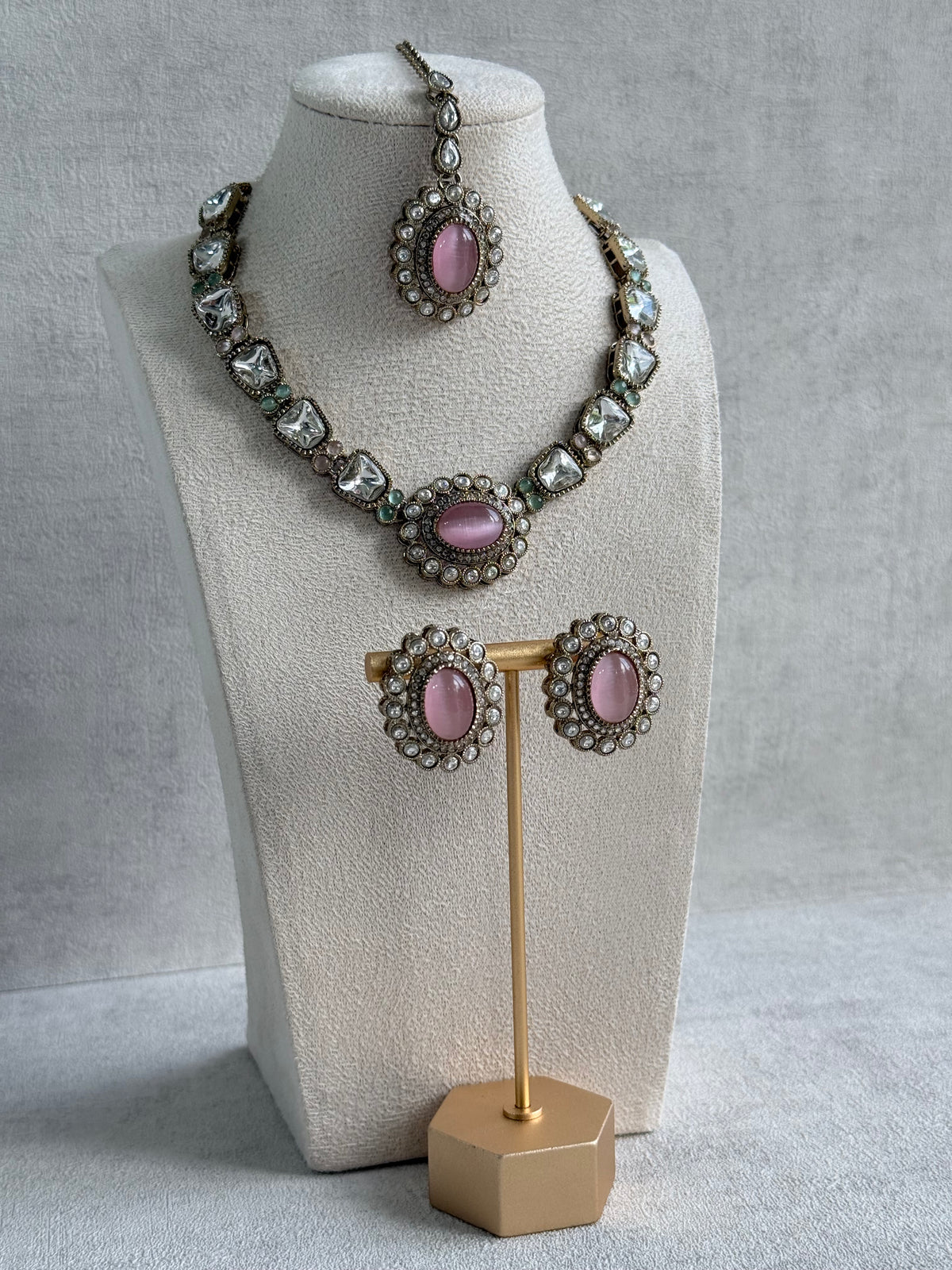 Ayura Designs Inza Necklace Set – Blush Pink & Mint Green Stones, Kundan & Crystals with Antique Gold Finish