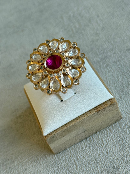 Ayura Designs Luisa Adjustable Ring – Pink Centre Stone with Crystal Petal Detailing