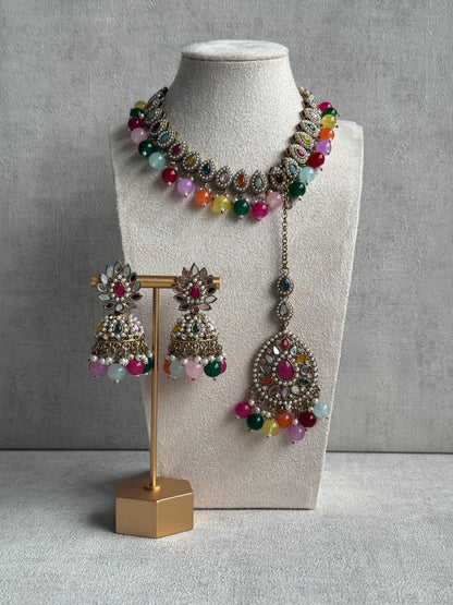 Ayura Designs Aanya Set – Multicolored Kundan Necklace with Mirror Work Jhumkis & Tikka