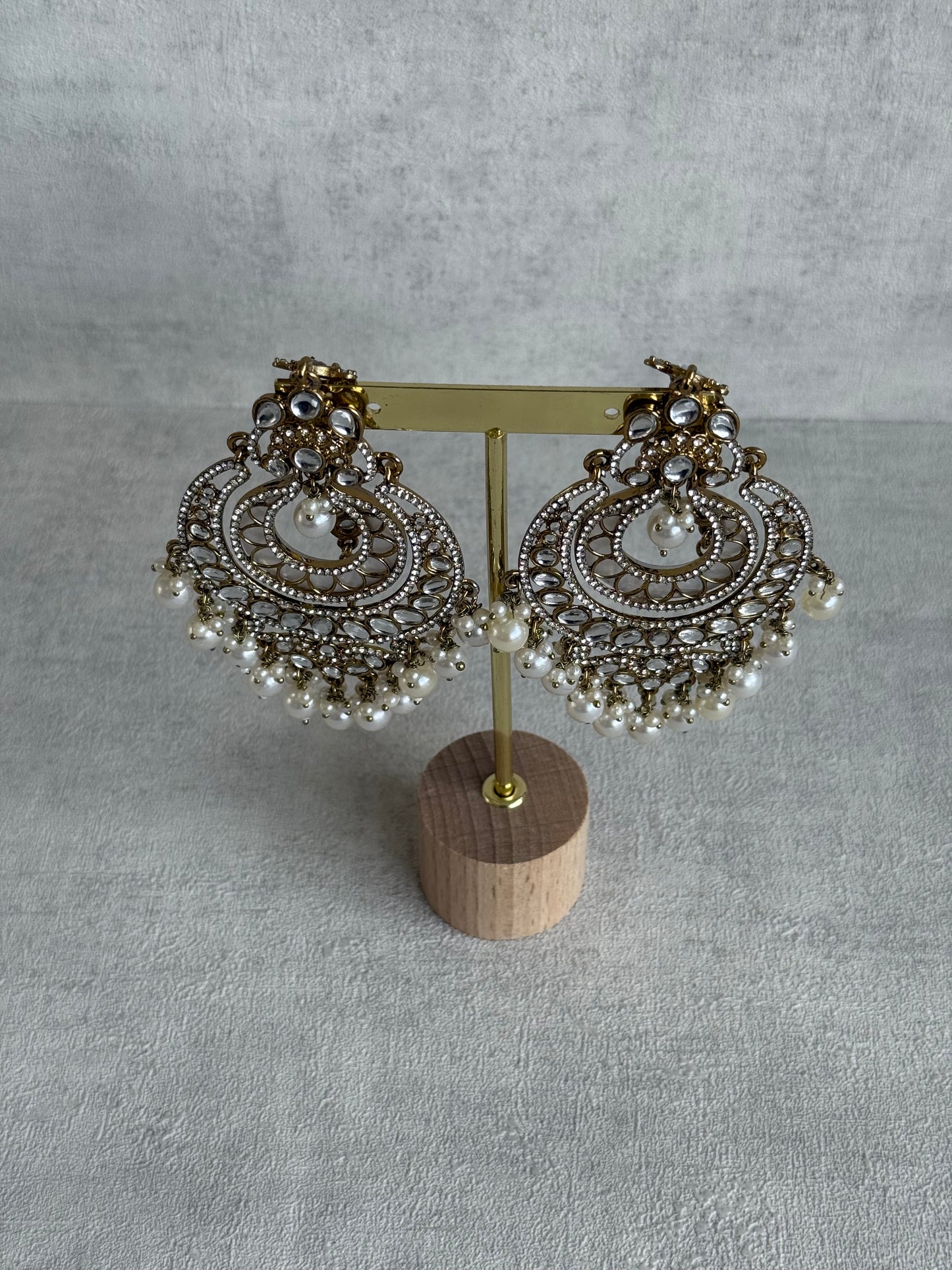 Ayura Designs Rabia Chandbalis – Antique Gold Kundan Earrings with Ivory Pearls & Attached Sahare