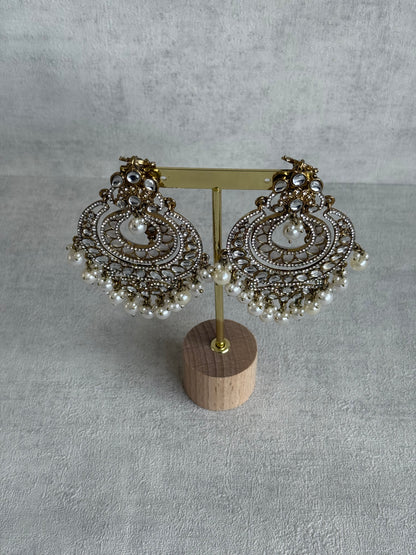 Ayura Designs Rabia Chandbalis – Antique Gold Kundan Earrings with Ivory Pearls & Attached Sahare