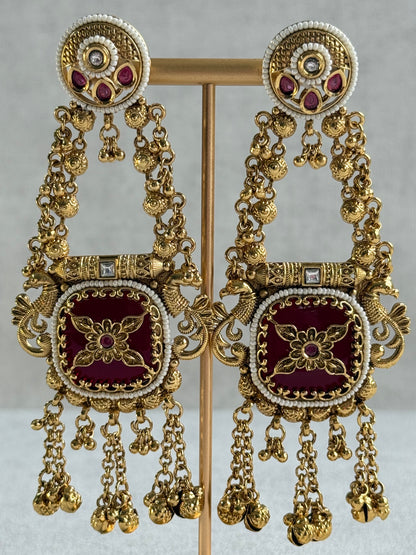 Ayura Designs Hazar Earrings – Gold Peacock Design with Ruby Red Enamel, Pearl Beading & Ghungroo Detailing