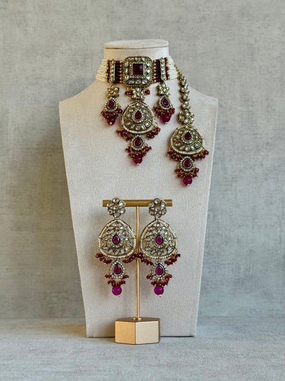 Ayura Designs Zarmeen Choker Set with Earrings & Tikka – Mirror-Cut Stones, Antique Gold Finish and Magenta Beads