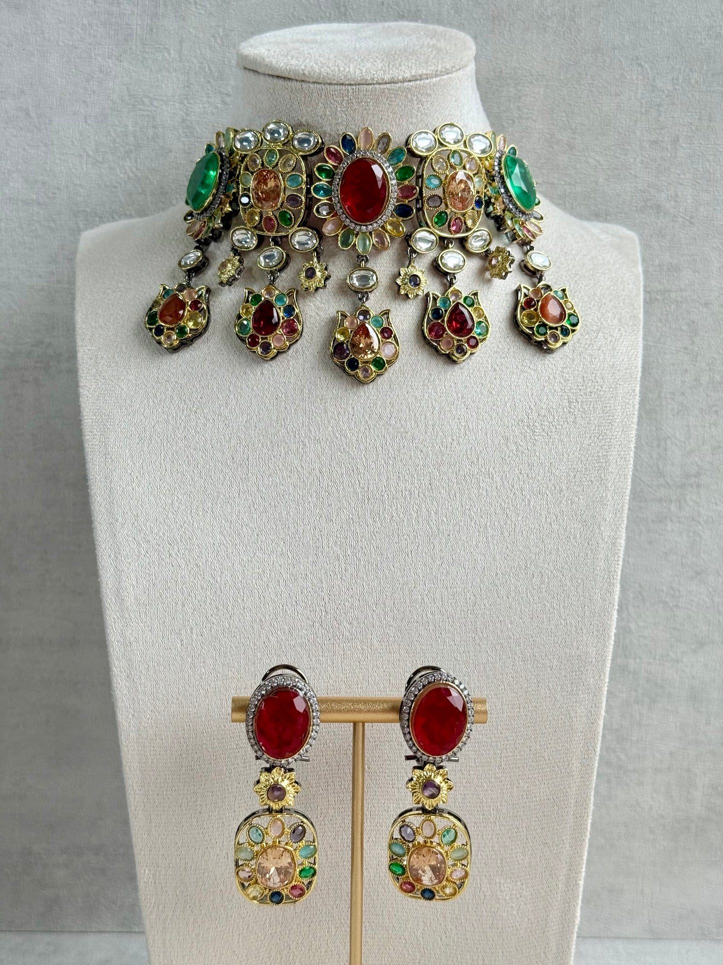 Ayura Designs Verity Choker Set with Earrings – Multicolour Stones, Crystal Accents & Antique Silver Finish