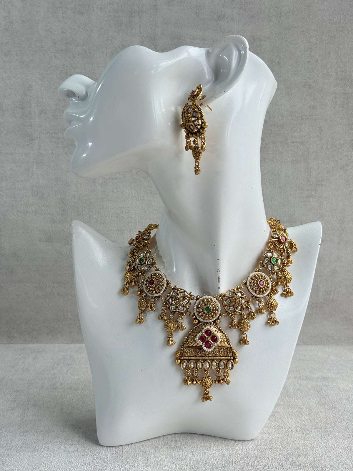 Ayura Designs Kriti Necklace Set with Earrings – Antique Gold Multicolour Kundan Design with Pearls & Ghungroo Detailing