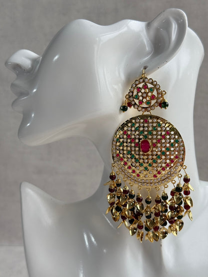 Ayura Designs Seerat Earrings – Rani Pink & Multicolour Gold Pippal Patti Design with Pearls