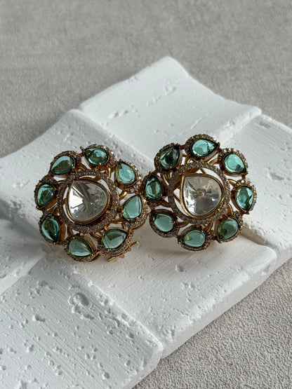 Ayura Designs Giana Stud Earrings – Aqua Green & Crystal Kundan with Gold Finish