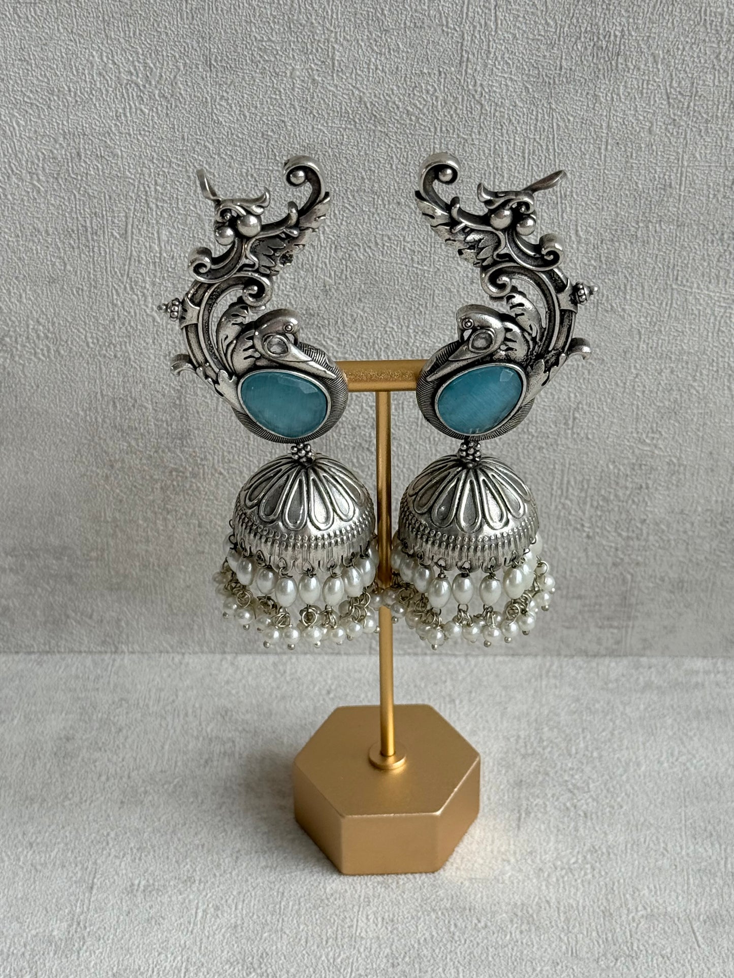 Ayura Designs Manzil Earrings – Oxidised Silver Ear Cuff Jhumkis with Aqua Stones & Pearl Detailing