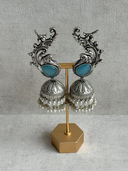 Ayura Designs Manzil Earrings – Oxidised Silver Ear Cuff Jhumkis with Aqua Stones & Pearl Detailing