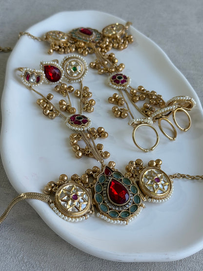 Ayura Designs Ekavira Haathphool Set of 2 – Kundan Style Hand Harness with Ruby Red, Rani Pink & Green Stones, Ghungroo Detailing & Pearls