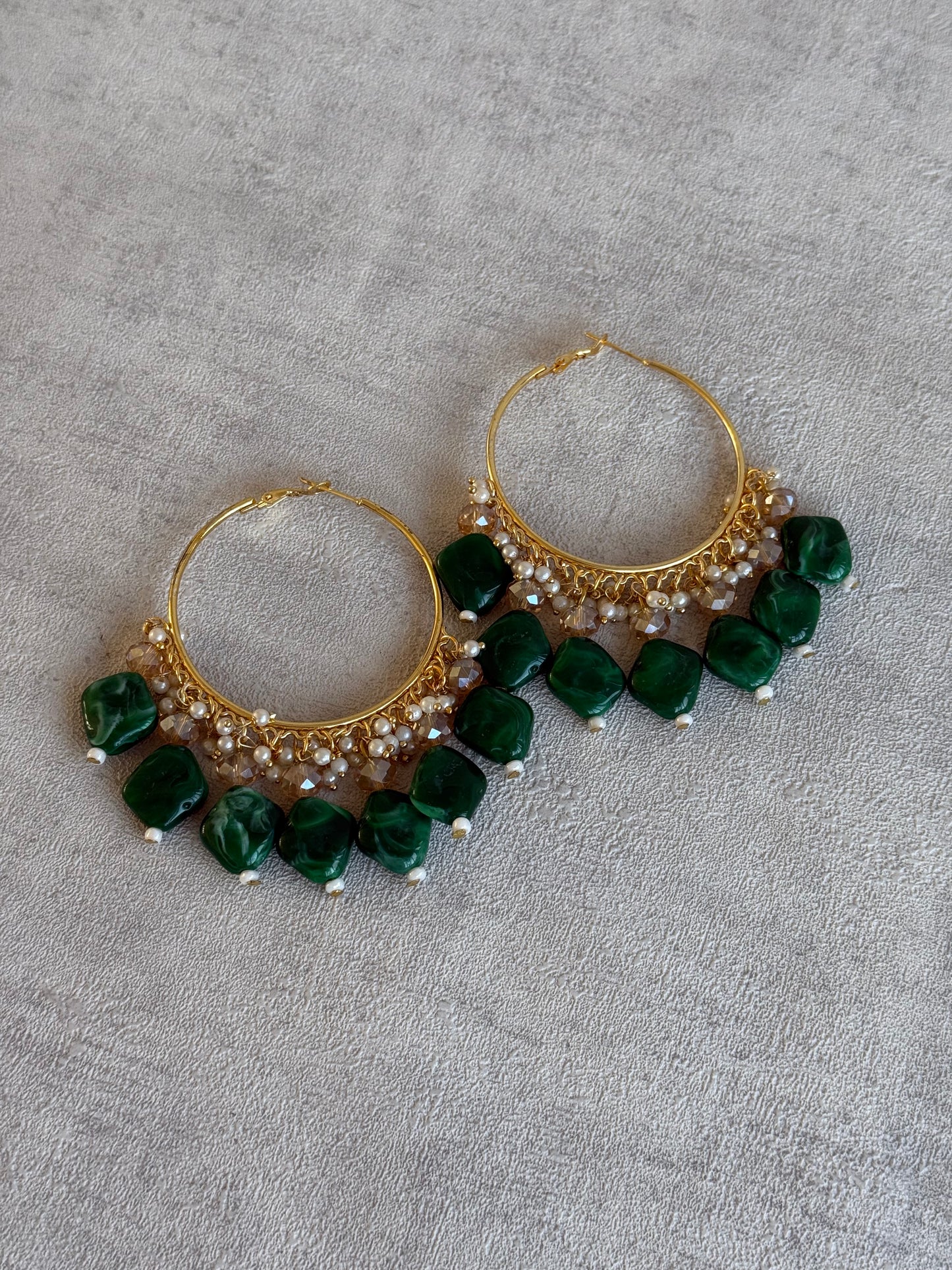 Ayura Designs Heer Balis – Gold Hoops with Forest Green Marble Beads, Pearls & Crystal Detailing