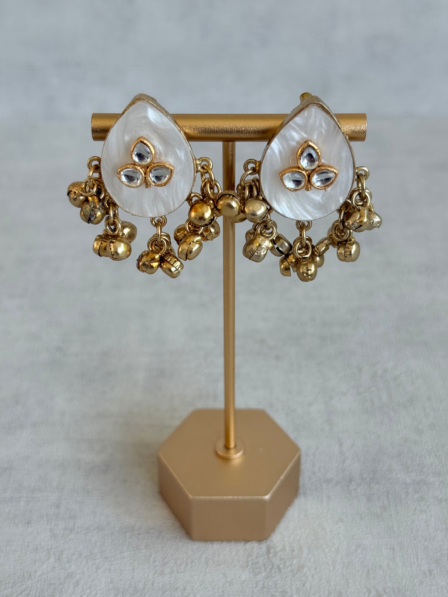 Ayura Designs Aykai Earrings – White Carved Teardrop Stud Earrings with Clear Kundan Stones and Gold Ghungroo Drops