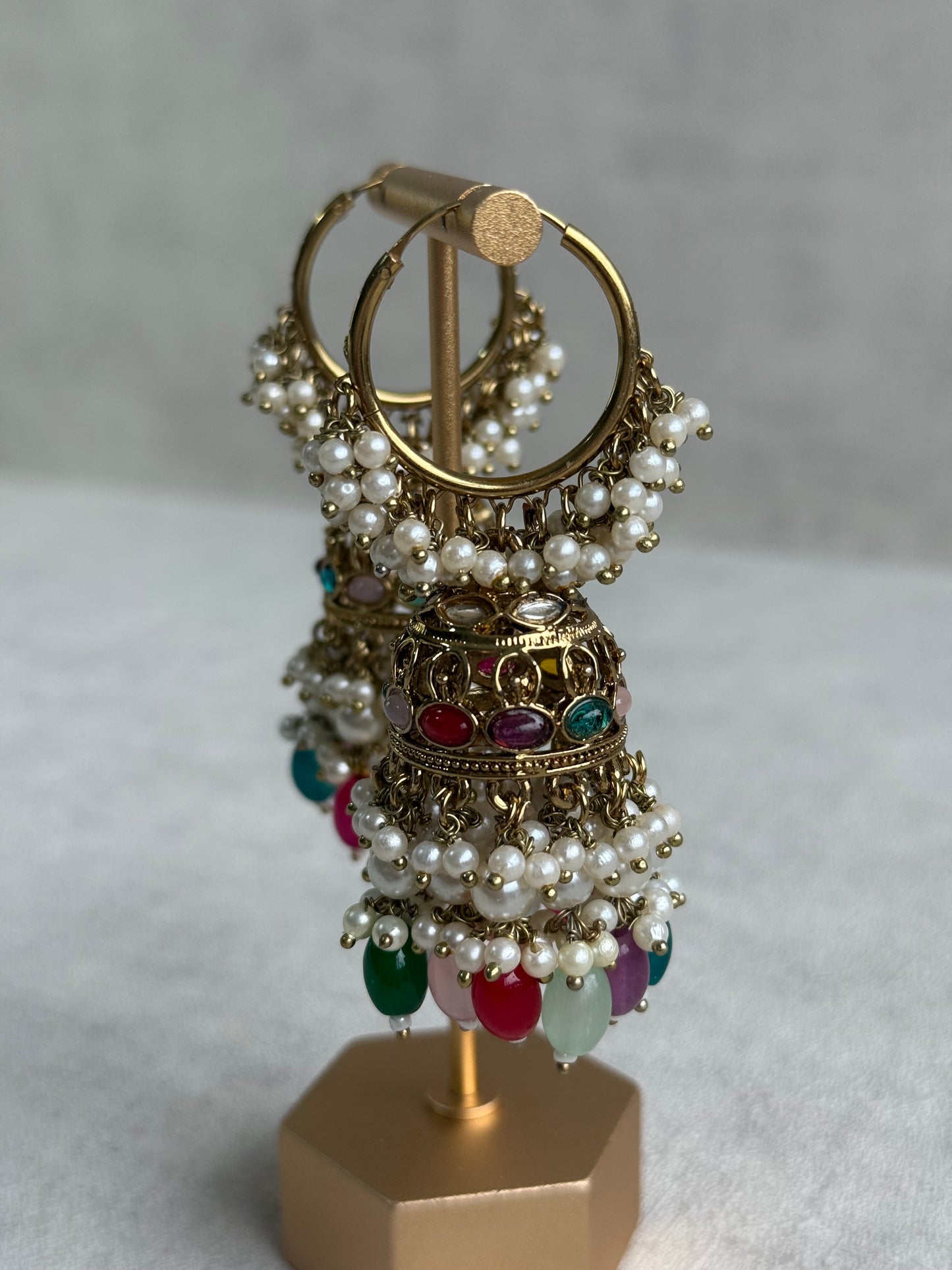 Ayura Designs Jugni Jhumkis – Antique Gold Balis with Multicolour Beads & Pearl Clusters