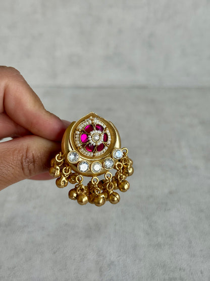 Ayura Designs Sochi Ring – Adjustable Antique Gold Ring with Hot Pink Meenakari, Mirror-Cut Stones & Ghungroo Detailing