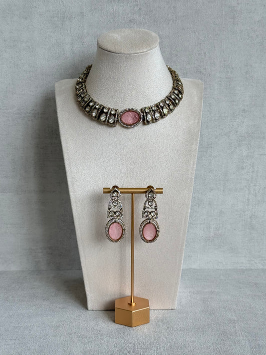 Ayura Designs Sadie Necklace Set with Earrings – Blush Pink Centre Stone, Moissanite Style Stones & Crystal Halo Detailing