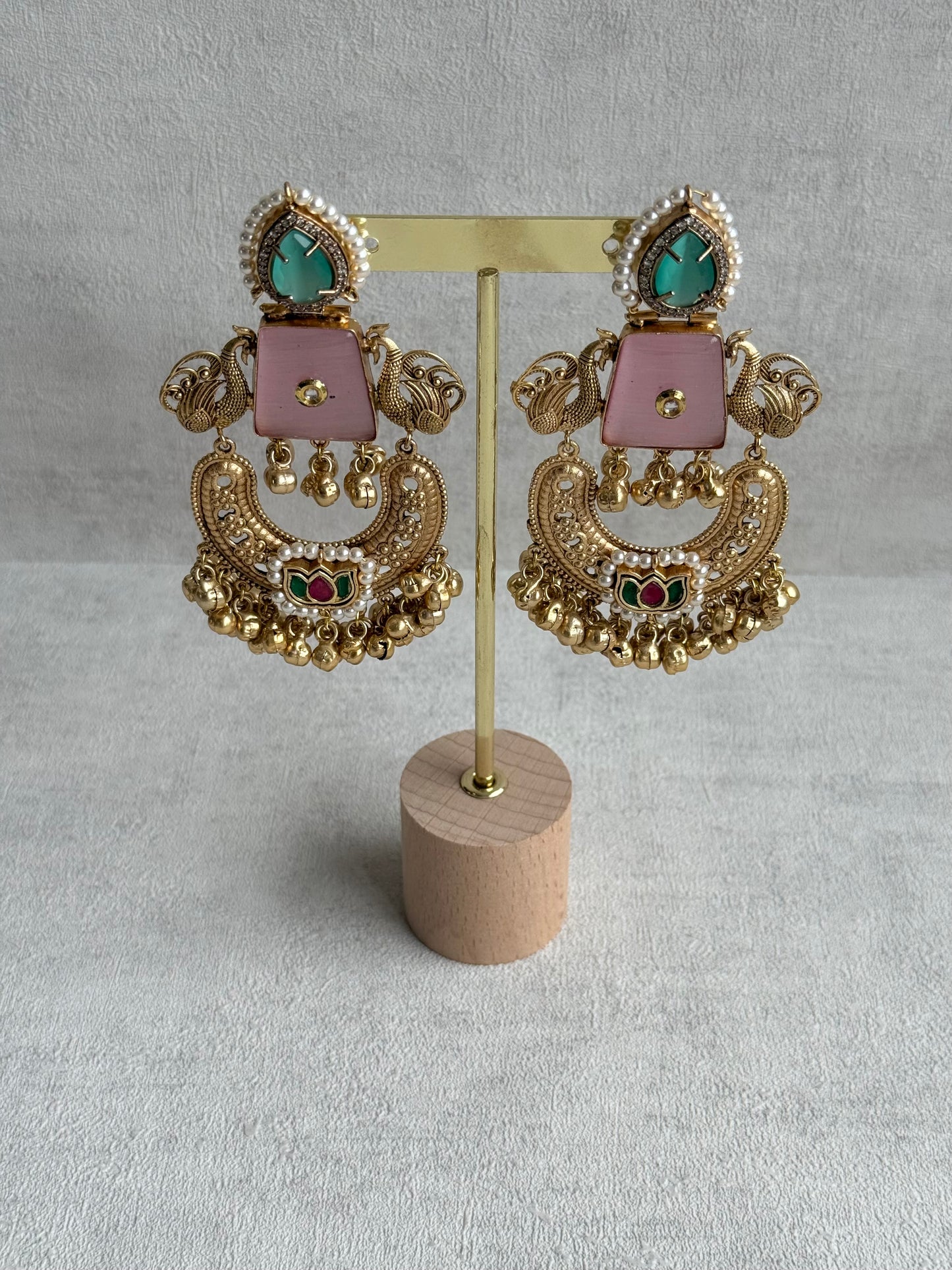 Ayura Designs Sahar Earrings – Statement Earrings with Blush Pink Stone, Mint Green Accents & Ghungroo Detailing