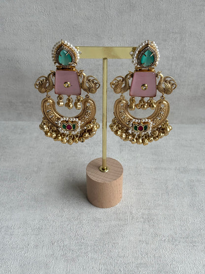Ayura Designs Sahar Earrings – Statement Earrings with Blush Pink Stone, Mint Green Accents & Ghungroo Detailing