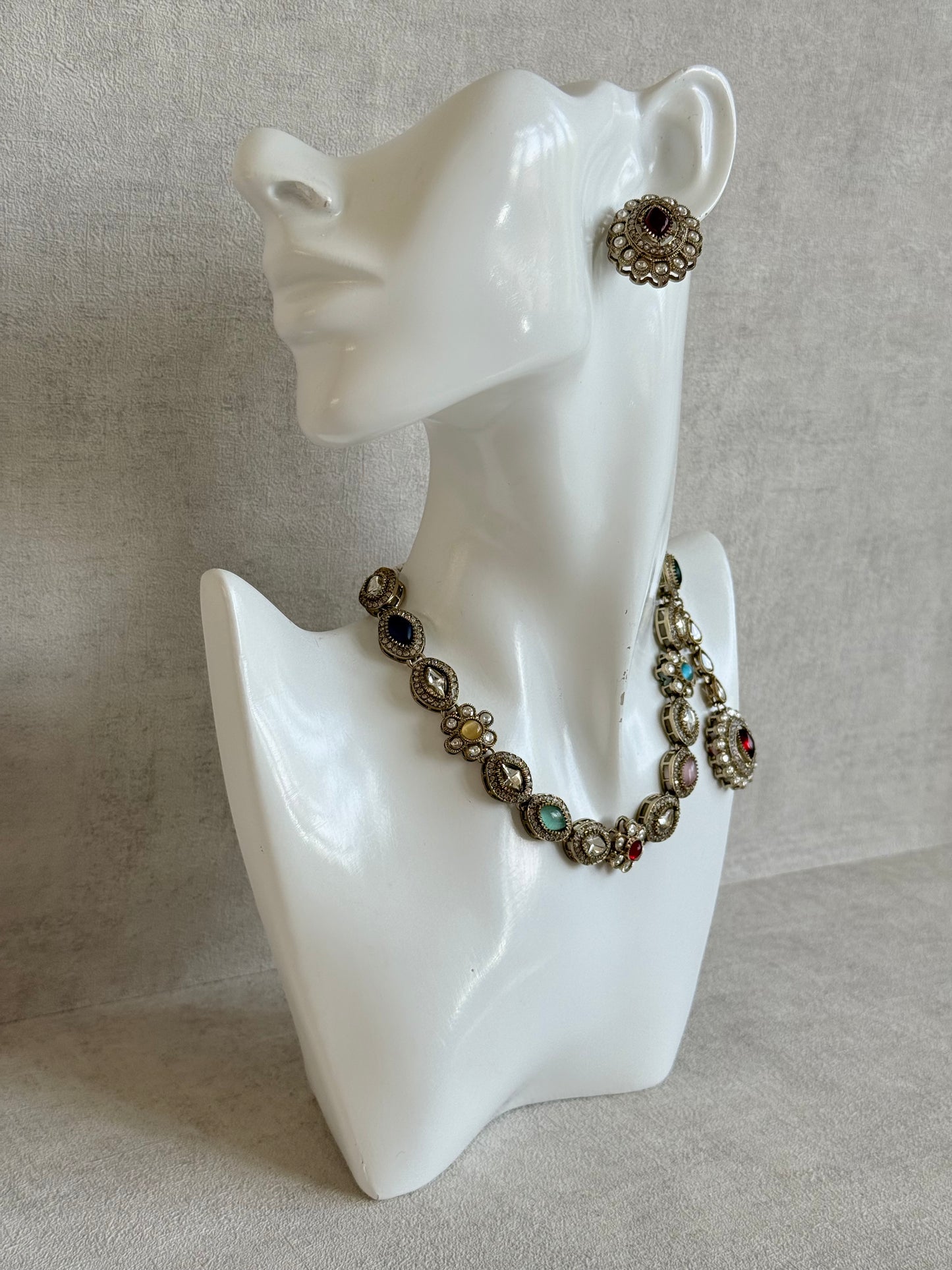 Ayura Designs Ivy Necklace Set with Studs & Tikka – Multicolour Kundan Detailing