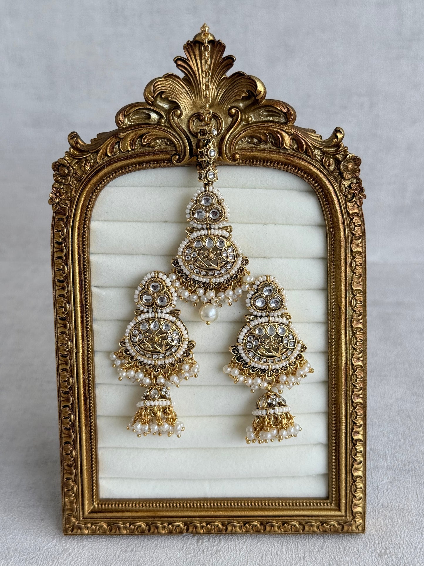 Ayura Designs Krisha Tikka Set with Earrings – Kundan Floral Design & Pearl Jhumkis