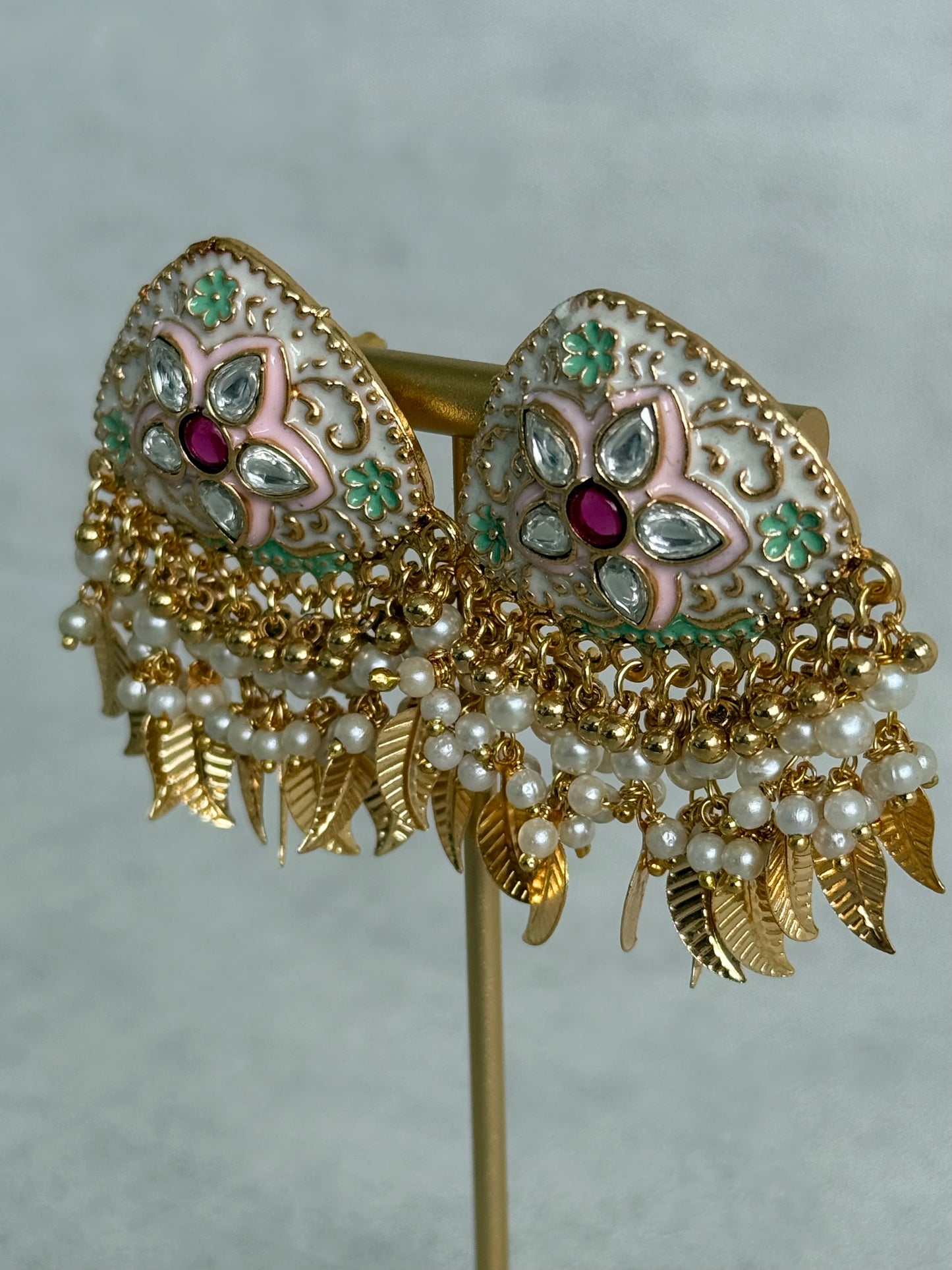 Ayura Designs Rozina Earrings – Floral Meenakari Earrings with Ruby Pink Centre Stone, Pearl Clusters & Gold Leaf Charms
