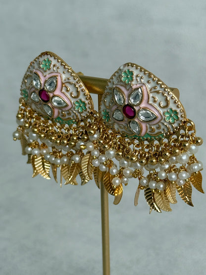 Ayura Designs Rozina Earrings – Floral Meenakari Earrings with Ruby Pink Centre Stone, Pearl Clusters & Gold Leaf Charms