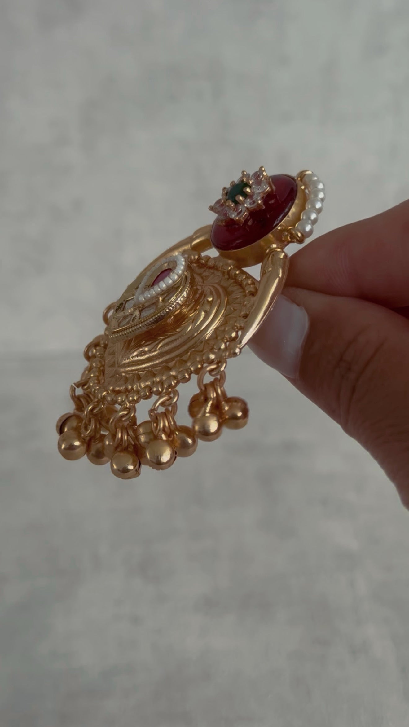 Ayura Designs Sorcha Adjustable Ring – Ruby Red Enamel, Pearl Detailing, Antique Gold & Mirror-Cut Stones