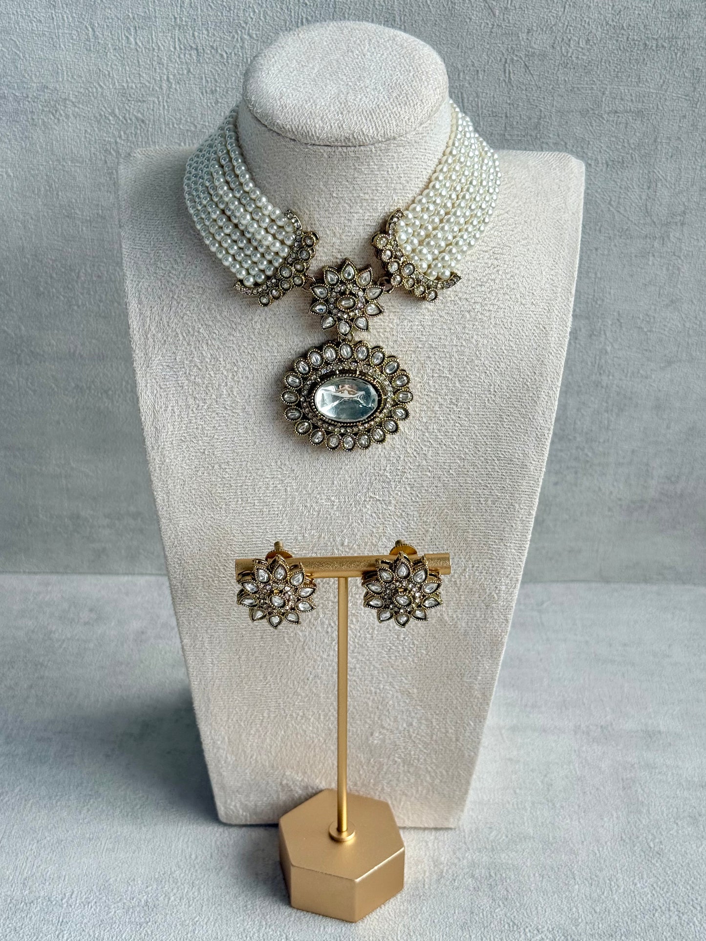 Ayura Designs Amaya Necklace Set with Studs – Antique Finish in Crystal Stones with Pearl Strands